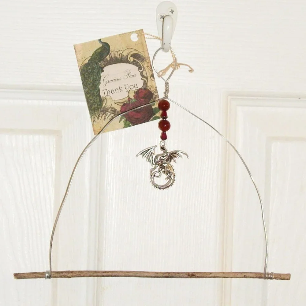 Handmade OOAK Garden Hummingbird Perch Swing DRAGON CHARM Wire Tree Branch 7X9